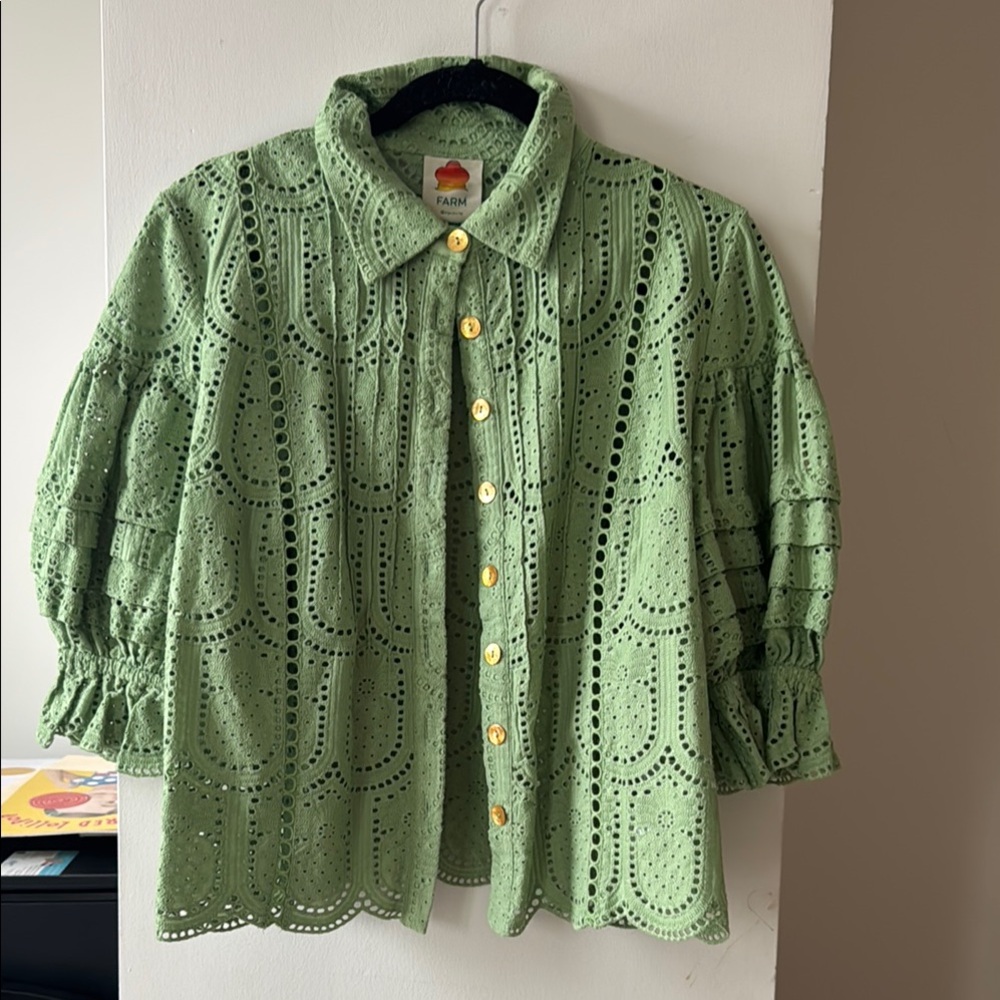 COPY - FARM Rio Green Eyelet Blouse with Yellow Buttons